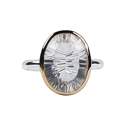 243005190082 Bague Cristal de roche ovale à facettes, taille 55, monture dorée | Marco Schreier