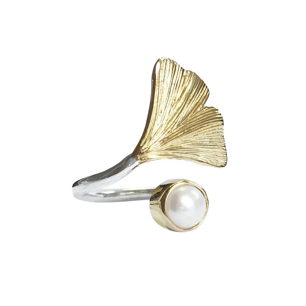 Ring Gingko mit Perle, Größe 59, vergoldet | GH Edelsteine, Heilsteine & Schmuck