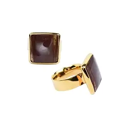 243009210274 Bague carrée en bois de palmier pétrifié, taille 54, plaquée or | Marco Schreier