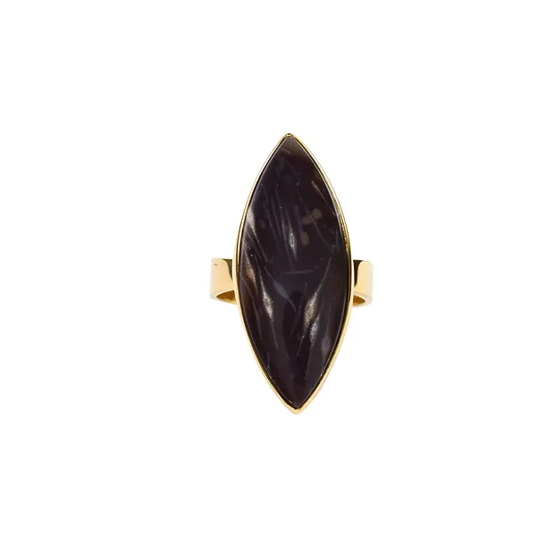 Prairie Agate (plant fossil) marquise ring, size 63, gold-plated | Marco Schreier