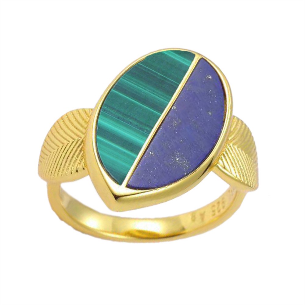 Malachite, Lapis Lazuli ring, semi-oval (17 x 5mm), gold-plated, size 60 (19) | Marco Schreier