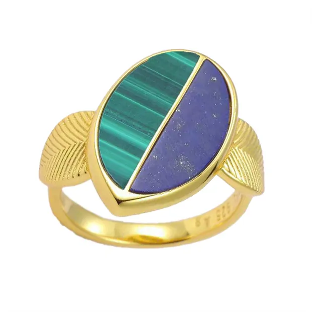 Bague Malachite, Lapis-lazuli, semi-ovale, dorée, taille 60 (19) | Marco Schreier