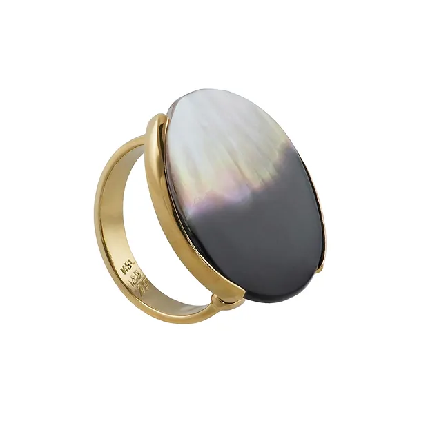 Anello Madreperla, Yin Yang rotondo (25 mm), misura 57 (18) placcato oro | Marco Schreier