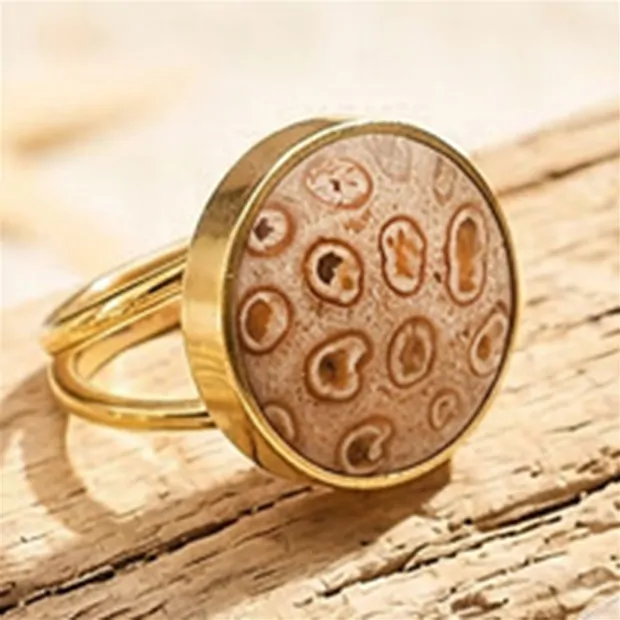 Petrified Coral (Druzy) ring, round (20mm), gold-plated, size 54 (17) | Marco Schreier