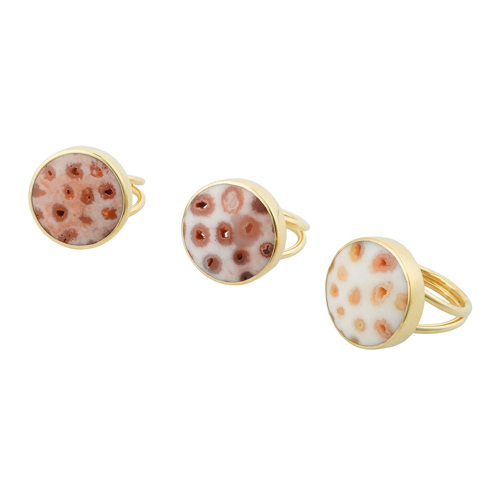 Anello in corallo pietrificato (Druzy), rotondo, placcato oro, misura 63 (20) | Marco Schreier