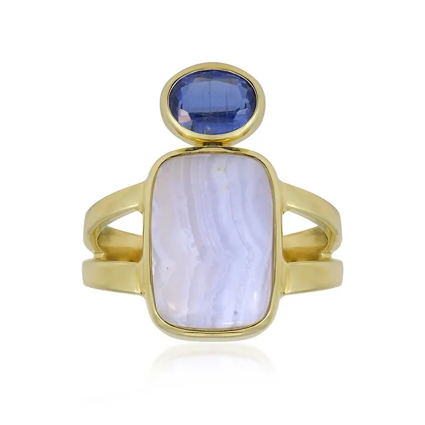 Chalcedony rectangle ring, Kyanite oval, gold-plated, size 63 (20) | Marco Schreier