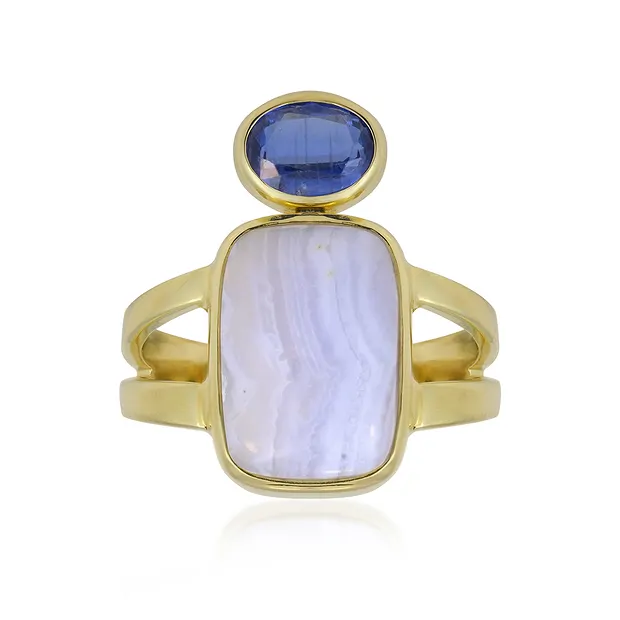 Anello rettangolo in calcedonio, ovale in Cianite, placcato oro, misura 63 (20) | Marco Schreier