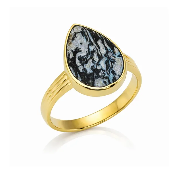 Ring palm wood black/white, drops (22 x 15mm), gold-plated, size 54 (17) | Marco Schreier