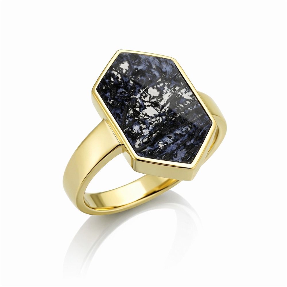 Ring Palmholz schwarz/weiß, Hexagon (25 x 15mm), vergoldet, Größe 63 (20) | Marco Schreier