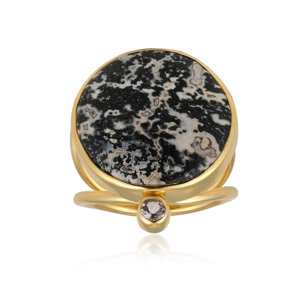 Bague palmier noir/blanc, ronde (20mm), Topaze, doré, taille 57 (18) | Marco Schreier