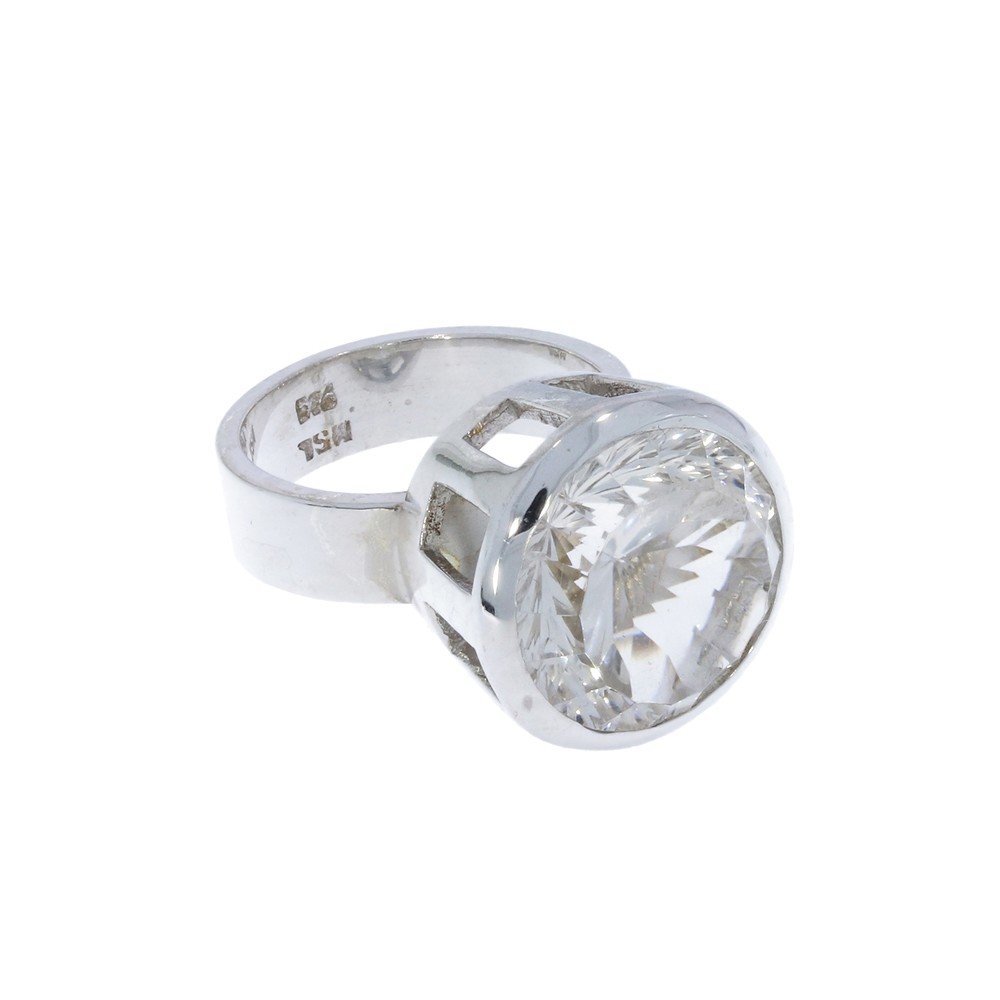 Bague Cristal de roche ronde, facettée, taille 53, rhodiée | Marco Schreier