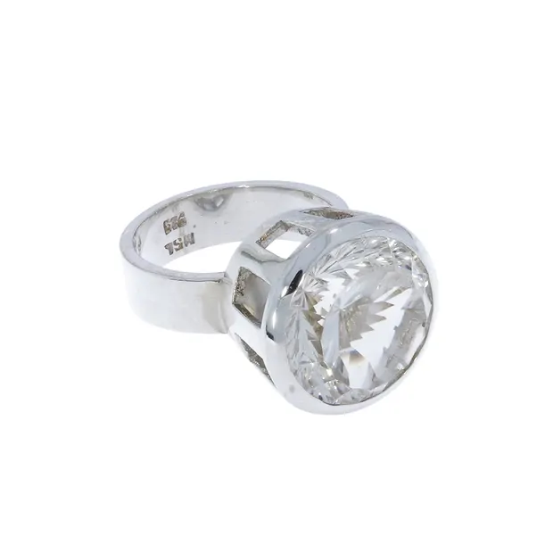 Bague Cristal de roche ronde, facettée, taille 55, rhodiée | Marco Schreier