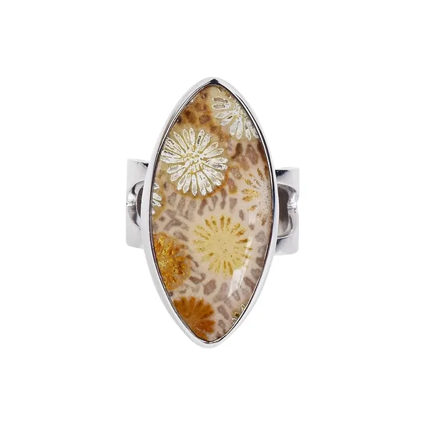 Bague Corail fossilisé Navette (31 x 15mm), taille 57 | Marco Schreier