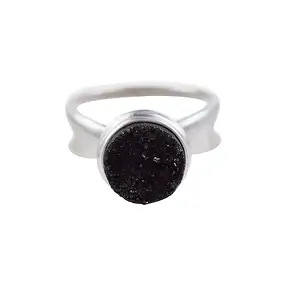 Ring Achat (Druzy schwarz) rund (10mm), Größe 51, rhodiniert, mattiert | Marco Schreier