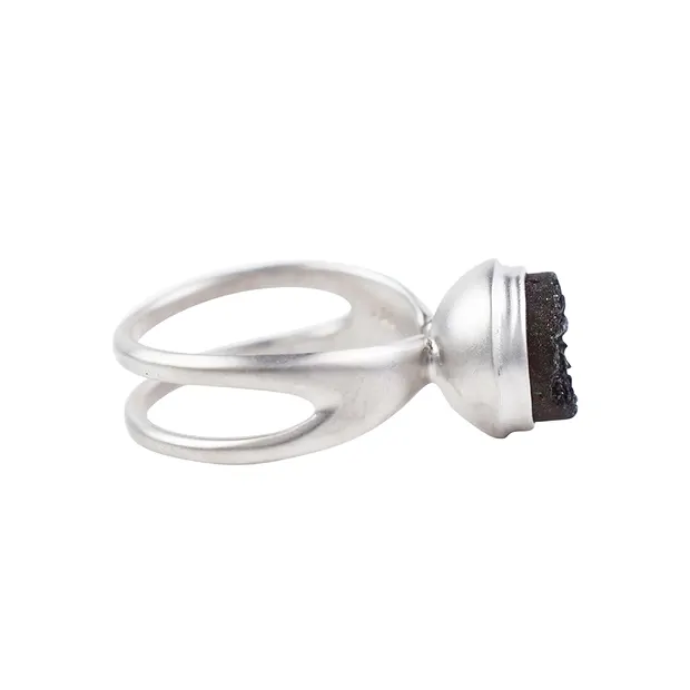 Agate ring (Druzy black) round (10mm), size 66, rhodiniert, matted | Marco Schreier