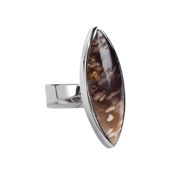 Anillo marquesa de madera de palma petrificada, talla 51, rodinado | Marco Schreier
