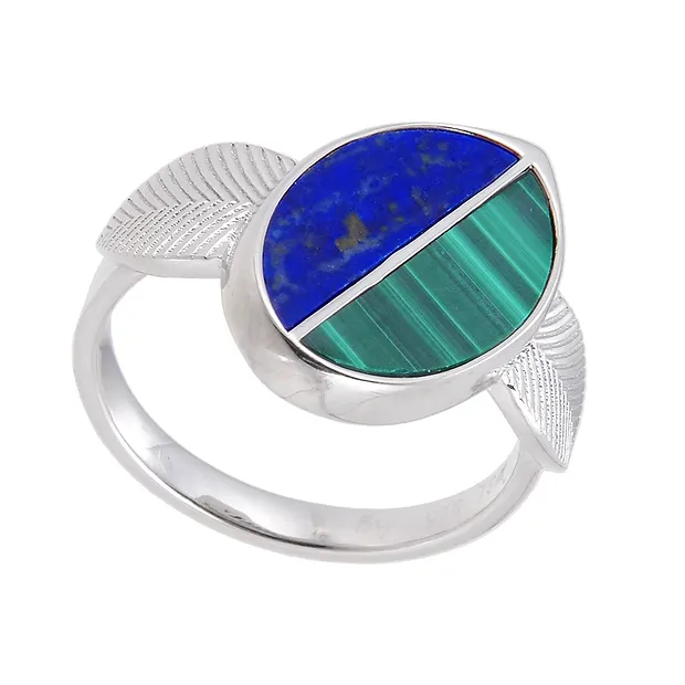 Ring Malachit, Lapis Lazuli, Halboval (17 x 5mm), rhodiniert, Größe 60 (19) | Marco Schreier