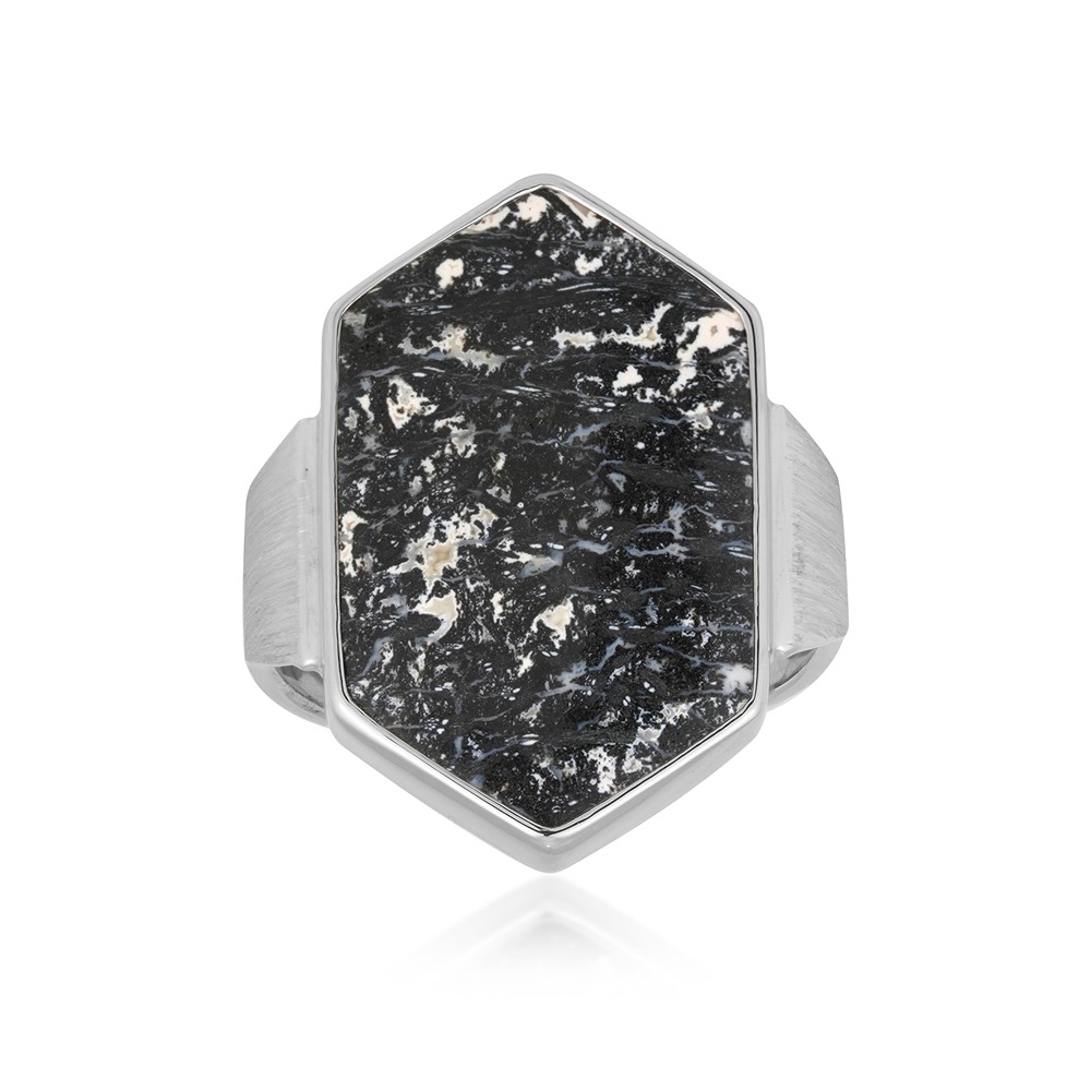 Ring Palmholz schwarz/weiß, Hexagon (25 x 15mm), rhodiniert, Größe 60 (19) | Marco Schreier