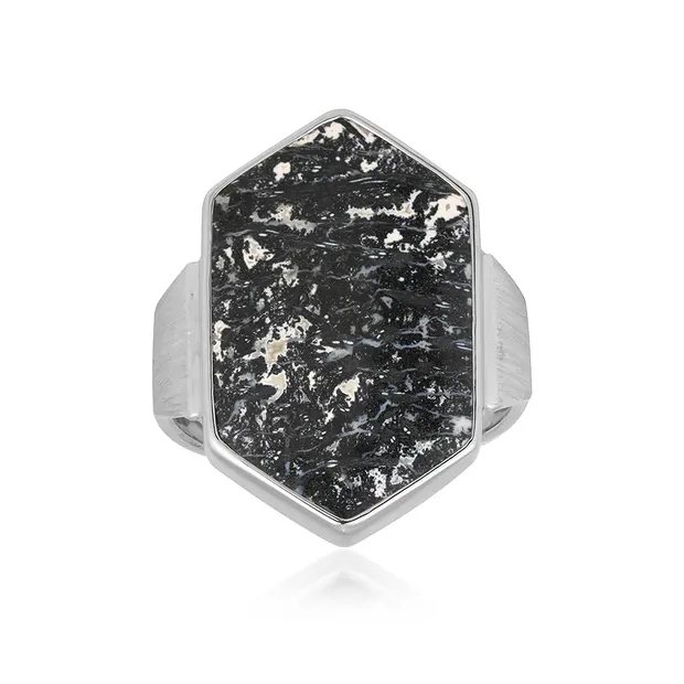 Anello in legno di palma nero/bianco, esagono (25 x 15 mm), rodiato, misura 60 (19) | Marco Schreier