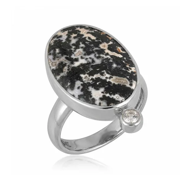 Anello palma in legno nero/bianco, ovale (22 x 15 mm), topazio, rodiato, misura 60 (19) | Marco Schreier