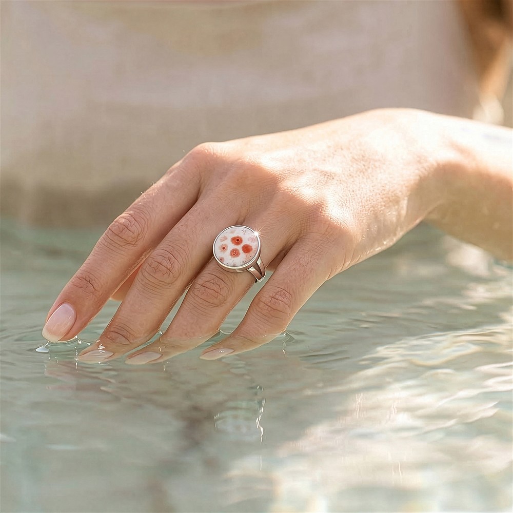 Petrified Coral (Druzy) ring, round (20mm), rhodiniert, size 54 (17) | Marco Schreier