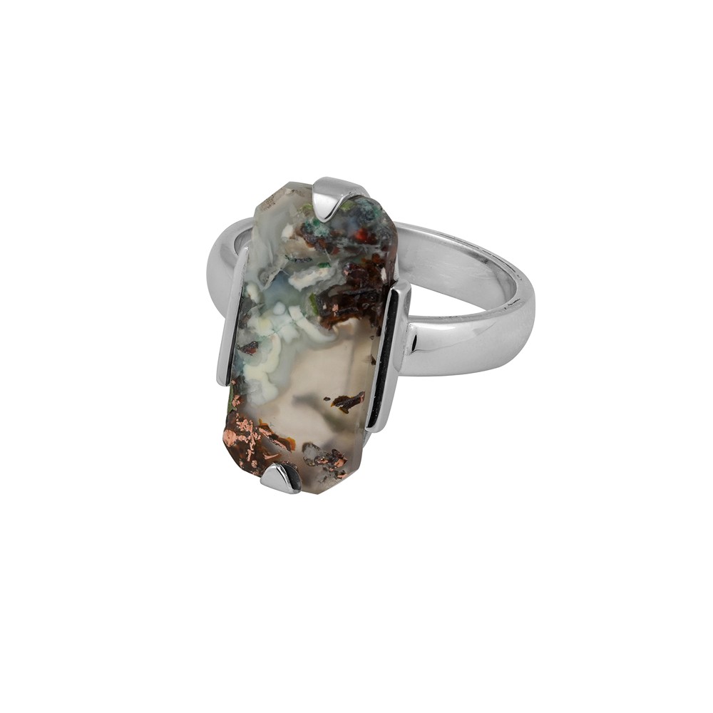 Anello con calcedonio Venus, forma rettangolare (21 × 10 mm), misura 60 (19), placcato in rodio | Marco Schreier