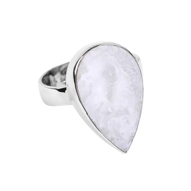 Bague Agate Druzy (blanche) goutte, taille 63, platinée | Marco Schreier