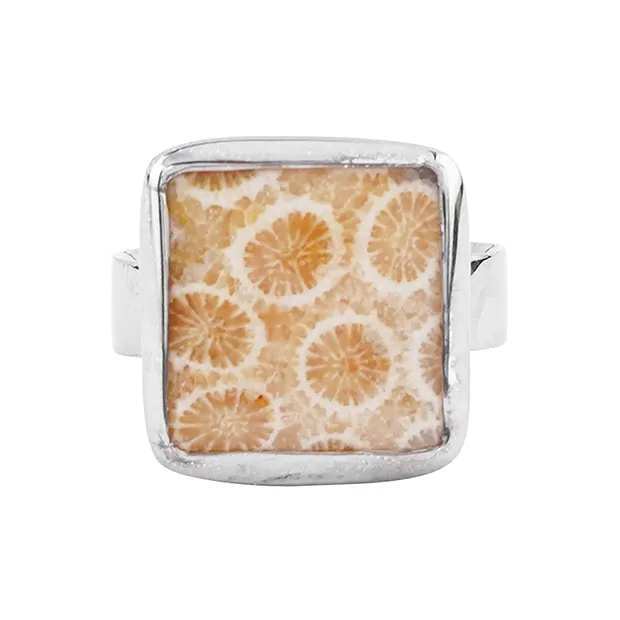Petrified Coral ring, square (15 x 15mm), size 54, platinum plated | Marco Schreier