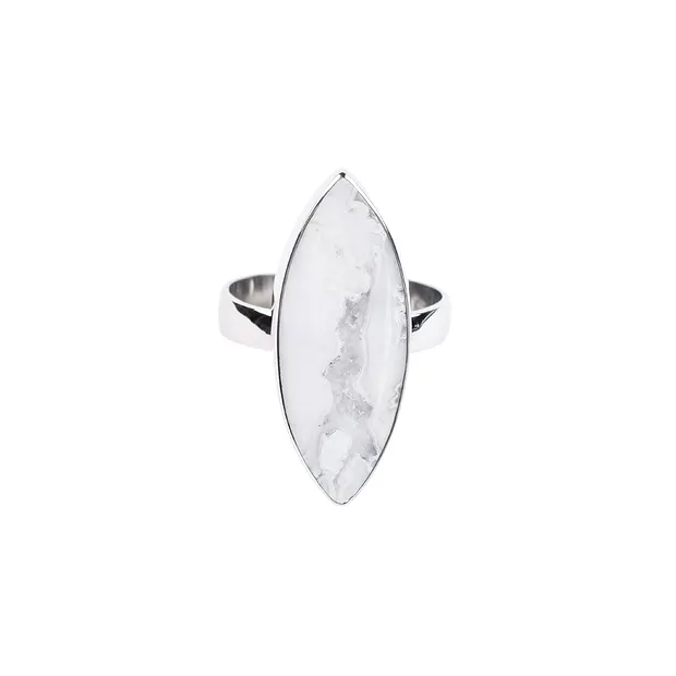 Bague Agate (Druzy blanche), marquise (30 x 12mm), taille 63, platinée | Marco Schreier