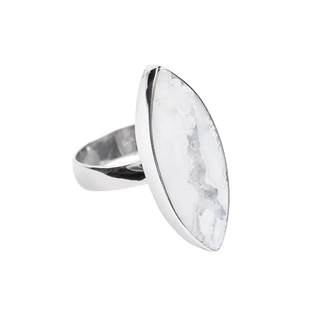 Bague Agate (Druzy blanche), marquise (30 x 12mm), taille 63, platinée | Marco Schreier