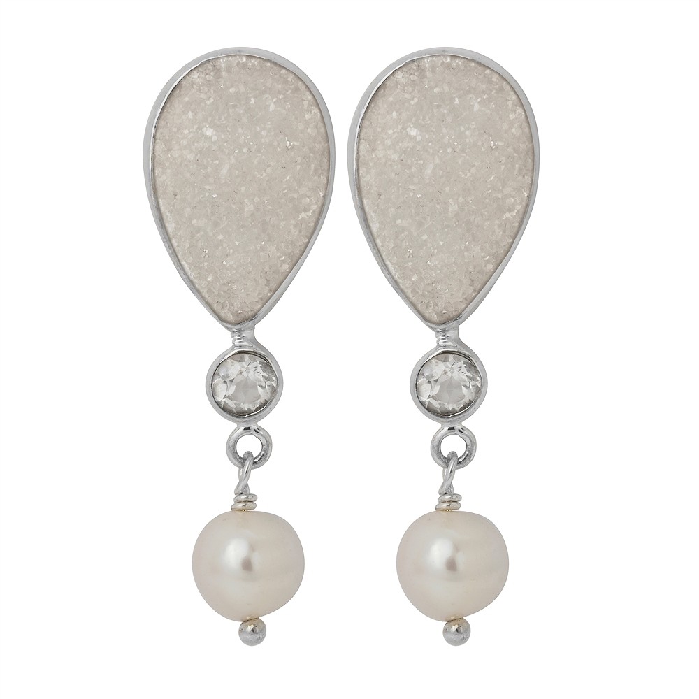 Clous d'oreilles Agate (Druzy), Topaze blanche à facettes, Perle | Marco Schreier