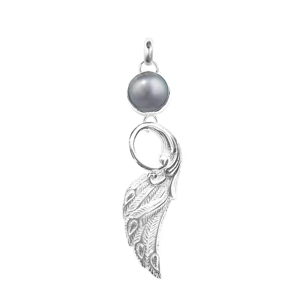 Boucles d'oreilles avec crochets, perle grise, ailes, 3,8cm | Marco Schreier