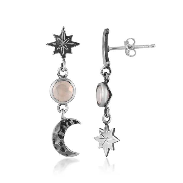 Clous d'oreilles en quartz rose, lune, étoile, 3,2 cm | Marco Schreier