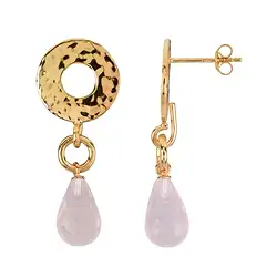 244009210139 Earstud Rose Quartz briolette, hammered circle, 3.8 cm, gold-plated | Marco Schreier