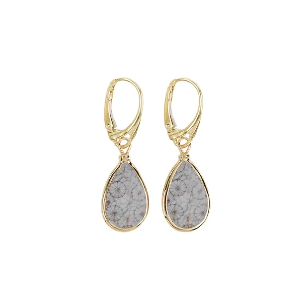 Petrified Coral (gray) drop earrings, 4.0 cm, gold-plated | Marco Schreier