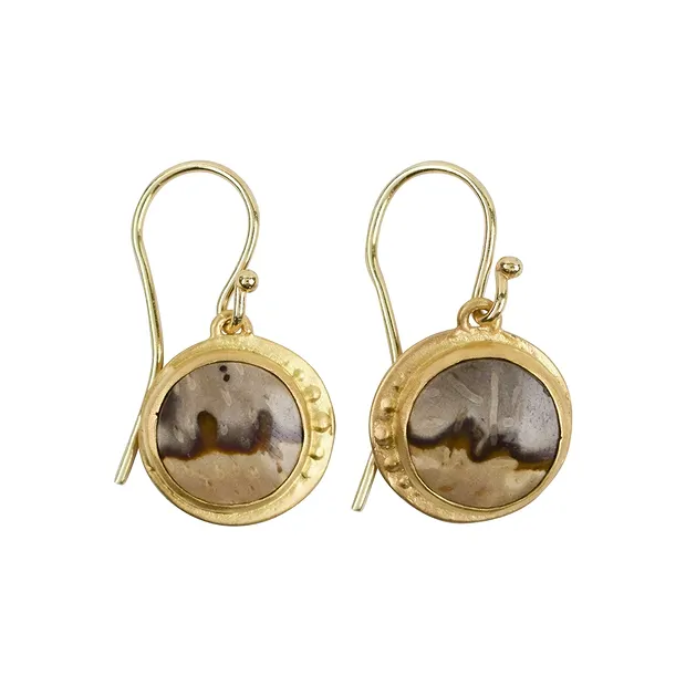 Earrings Petrified Palm Wood round, 3.4 cm, gold-plated | Marco Schreier