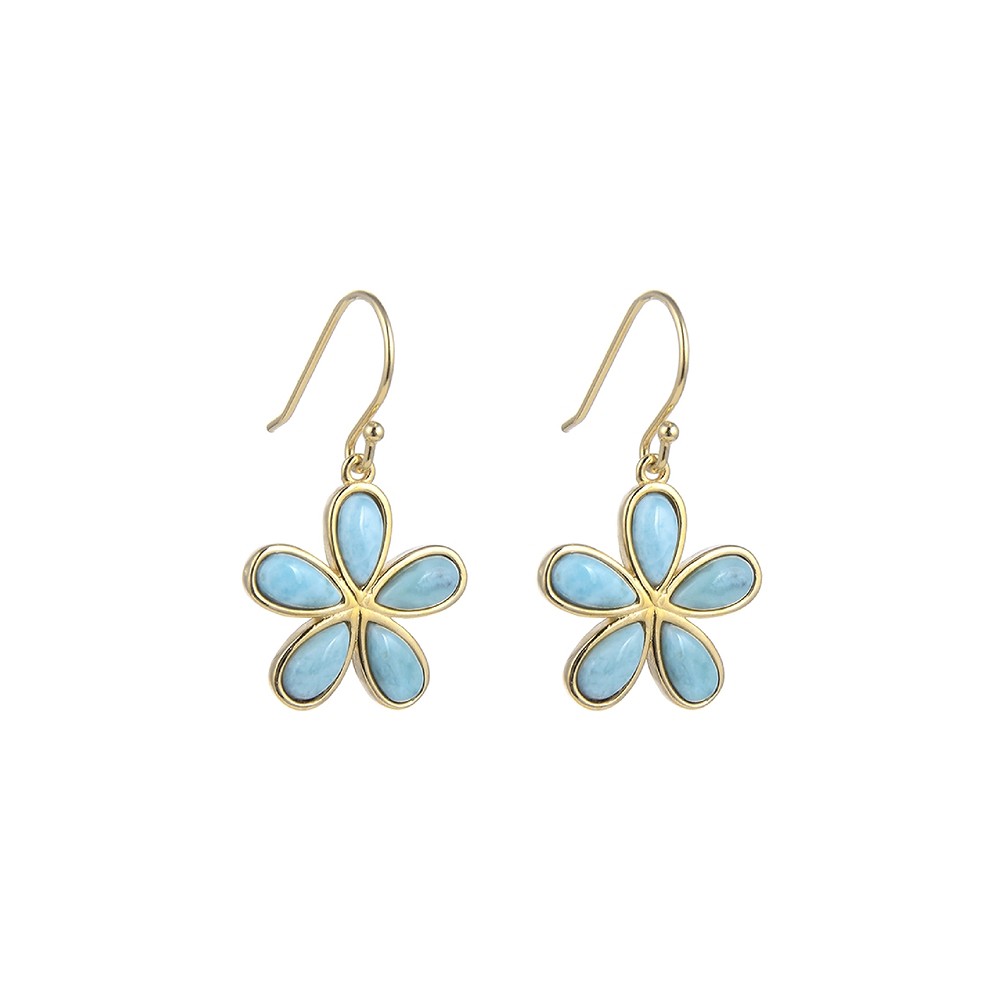 Boucles d'oreilles Larimar (7 x 4mm) en forme de fleur, 3,1cm, doré à l'or fin | Marco Schreier