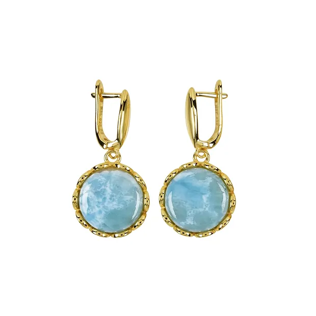 Earrings Larimar round (14mm) with flower setting, 3.6cm, gold-plated | Marco Schreier