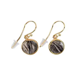 Boucles d'oreilles avec crochets en Agate de prairie (fossile végétal), rond, 3,2cm, doré | Marco Schreier