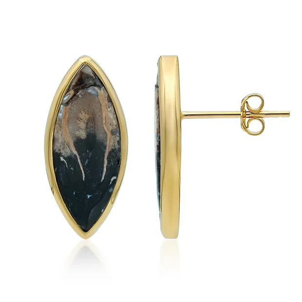 Pendientes Navette de madera de palma petrificada (20 x 8 mm), 2,1 cm, chapados en oro | Marco Schreier