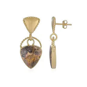 Earstuds Petrified Palm Wood (orange), triangle, 3.3 cm, gold-plated | Marco Schreier
