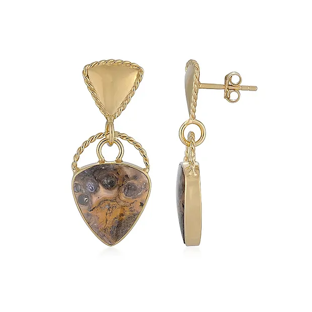Earstuds Petrified Palm Wood (orange), triangle, 3.3 cm, gold-plated | Marco Schreier