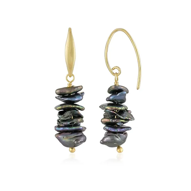 Boucles d'oreilles avec crochets, Keshi (8 - 10mm) pétrole, 3,6cm, doré | Marco Schreier