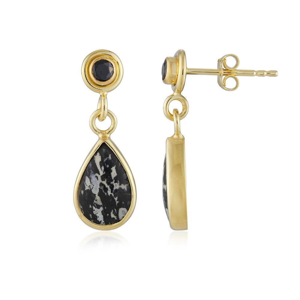 Ohrstecker Palmholz schwarz/weiß, Tropfen (18 x 12mm), 2,5cm, vergoldet | Marco Schreier