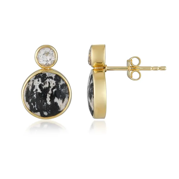 Pendientes de botón de madera de palma negra/blanca, redondos (10 mm), 1,5 cm, chapados en oro | Marco Schreier