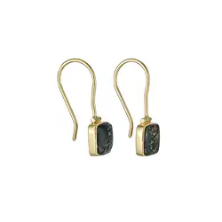 244009260016 Pendientes colgantes de ágata musgo, talla cojín (8 × 8 mm), 2,3 cm, chapados en oro | Marco Schreier