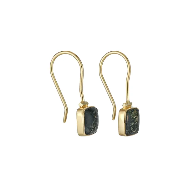 Pendientes colgantes de ágata musgo, talla cojín (8 × 8 mm), 2,3 cm, chapados en oro | Marco Schreier