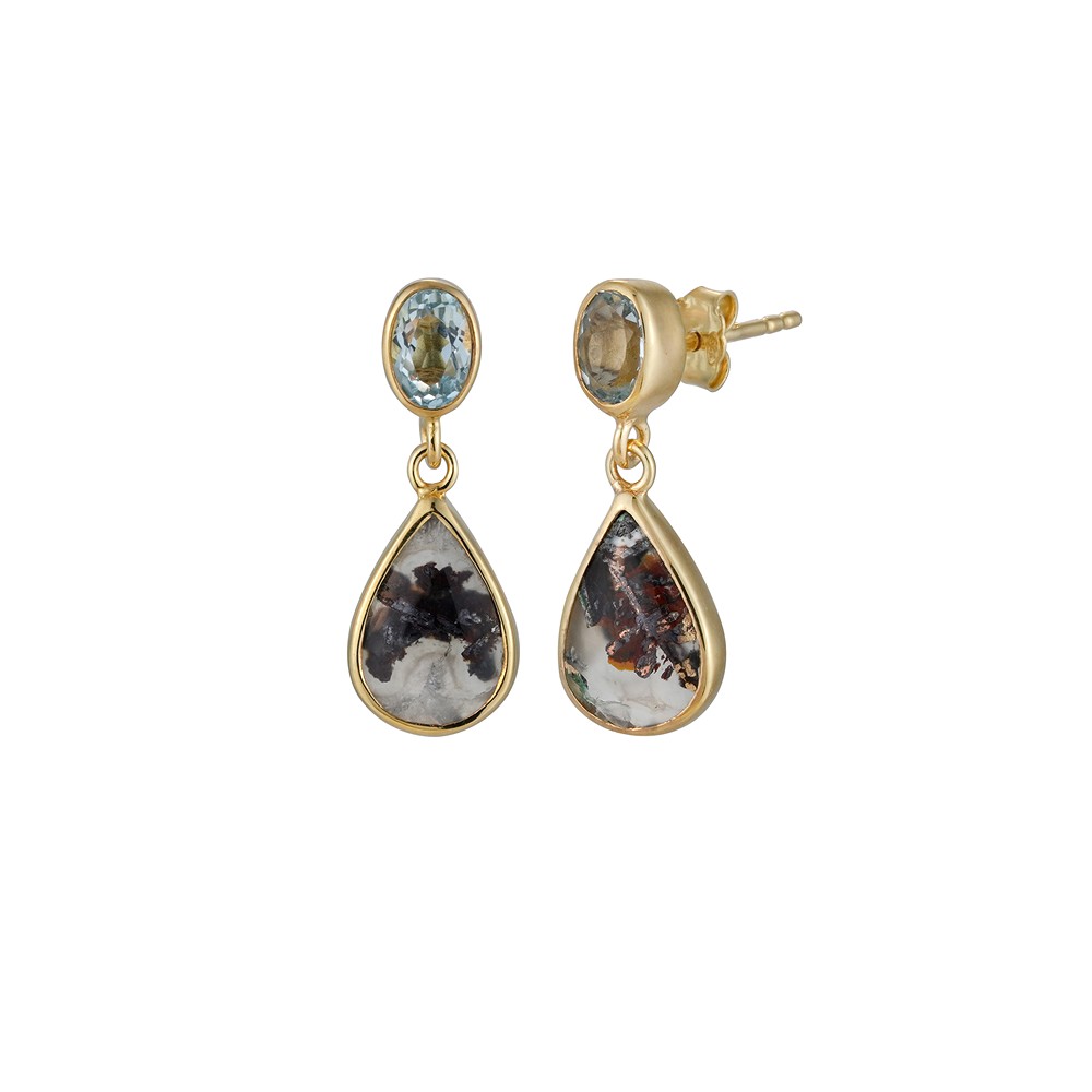 Orecchini a bottone con calcedonio Venus, a goccia (11 × 8 mm), topazio blu, ovali (6 × 4 mm), 2,1 cm, placcati in oro | Marco Schreier