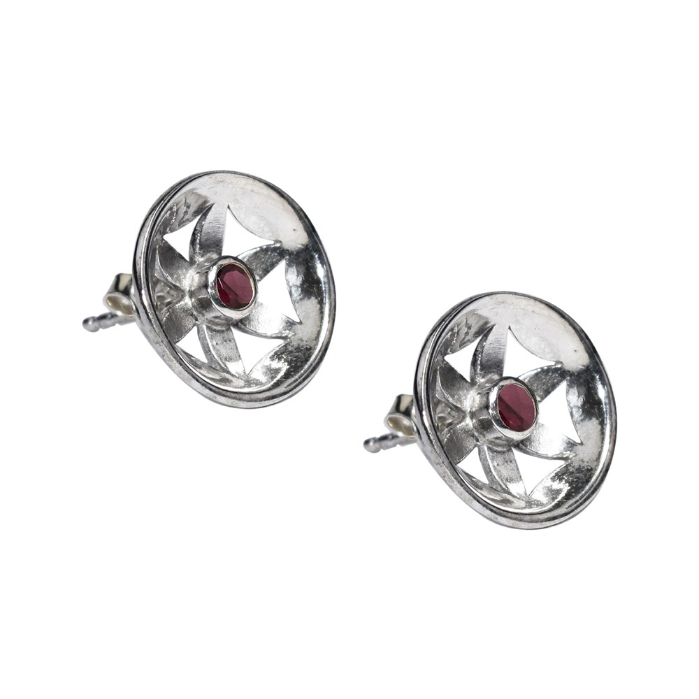 Clous d'oreilles grenat (3mm), fleur, 1,4cm, rhodié | Marco Schreier