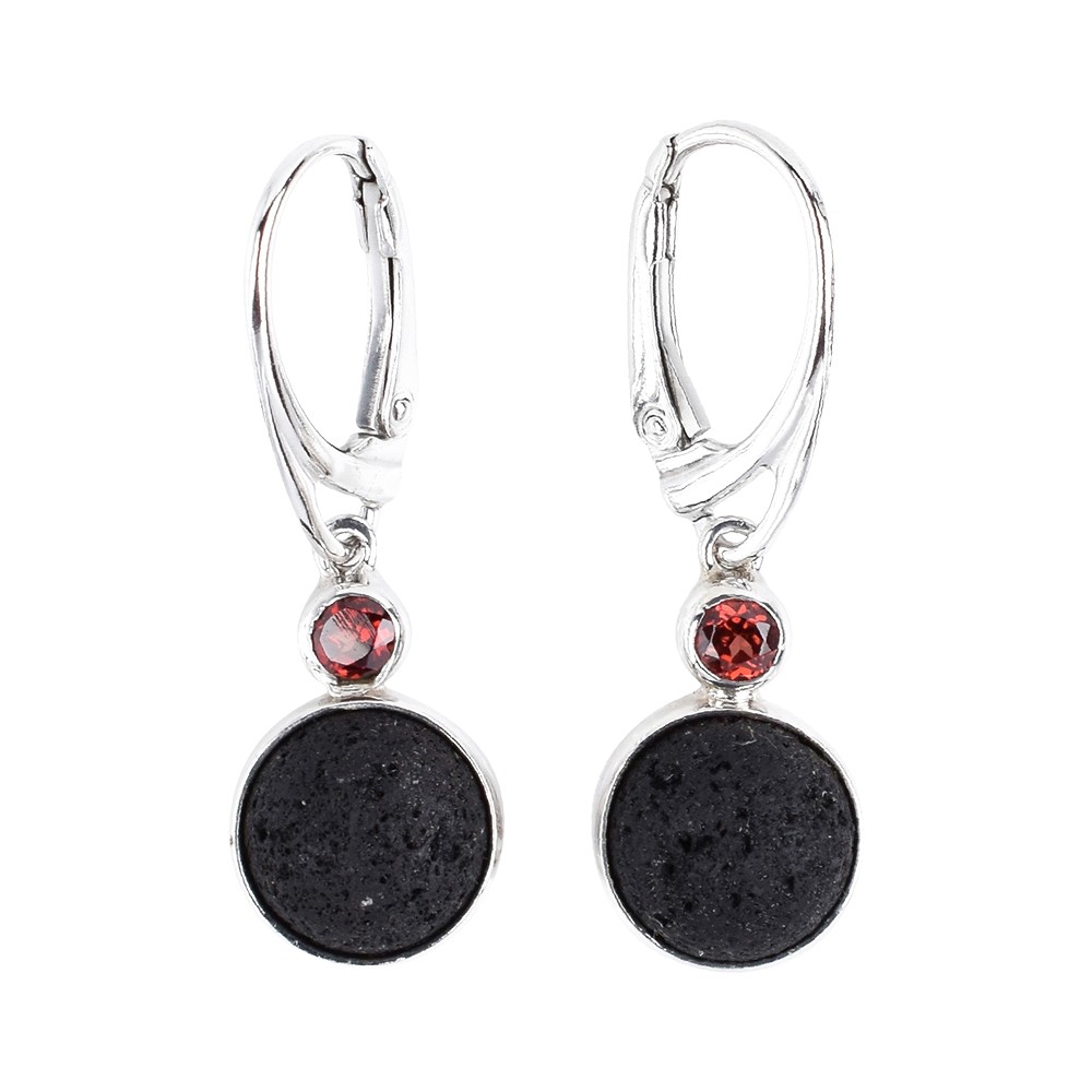 Ohrhänger Lava-Cabochon rund, Granat, 3,5cm, rhodiniert | Marco Schreier